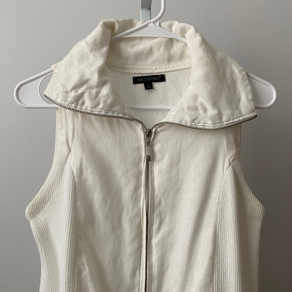 For Cynthia M White 100% Linen Sleeveless Full Zip Vest Ribbed Panel Lagenlook - Picture 3 of 7